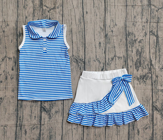 GSD3661Baby Girls Blue Stripe Button Top Skirt Shorts Yoga Active Clothes Sets Preorder