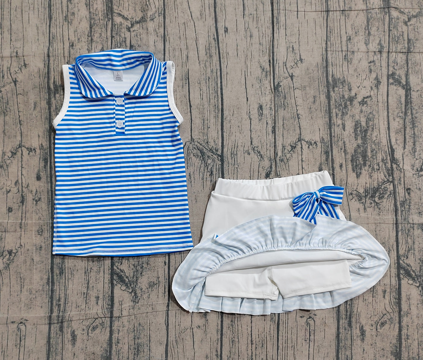GSD3661Baby Girls Blue Stripe Button Top Skirt Shorts Yoga Active Clothes Sets Preorder