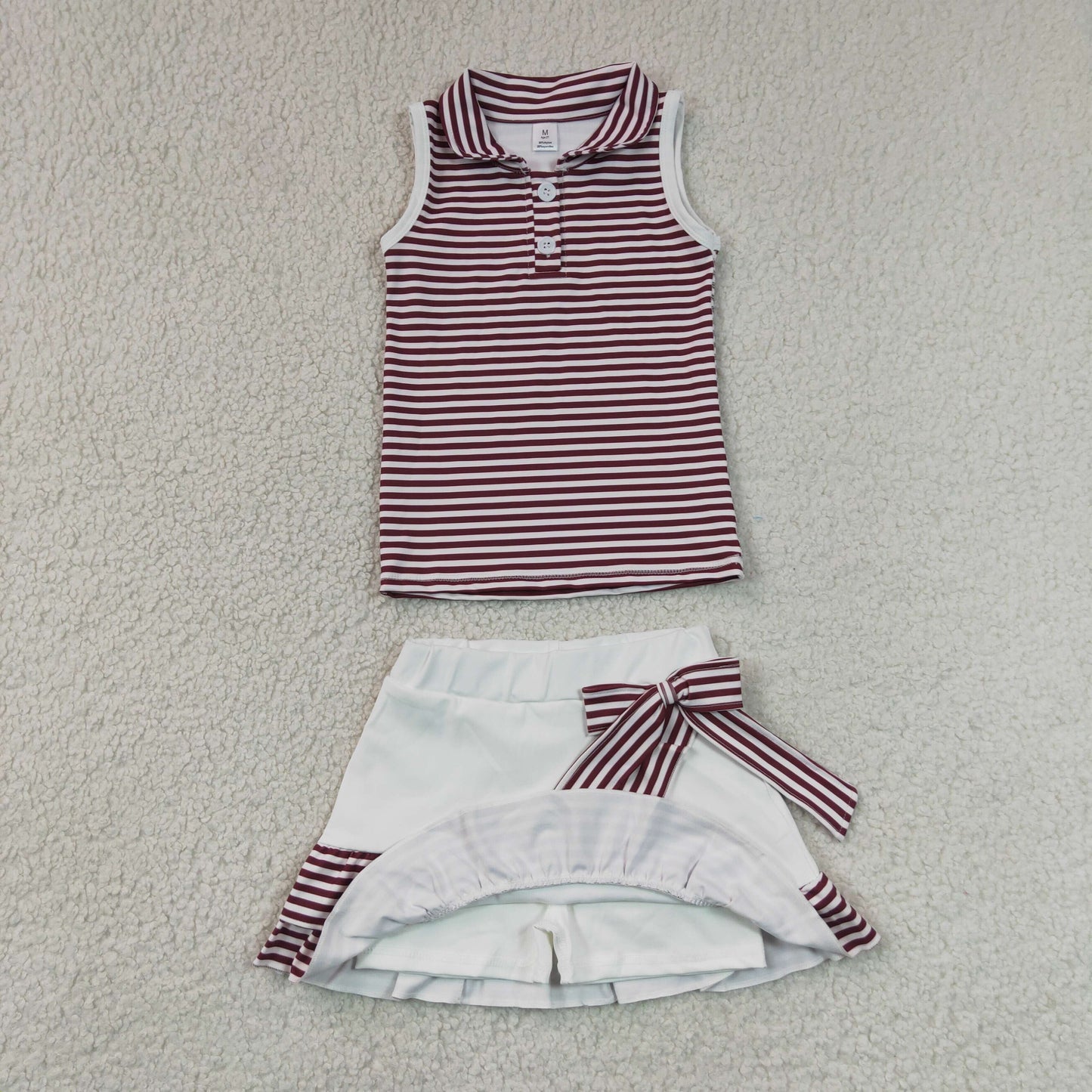 RTS NO MOQ Yoga GSD3662 Baby Girls Maroon Stripe Button Top Ruffle Skirt Shorts Yoga Active Clothes Sets