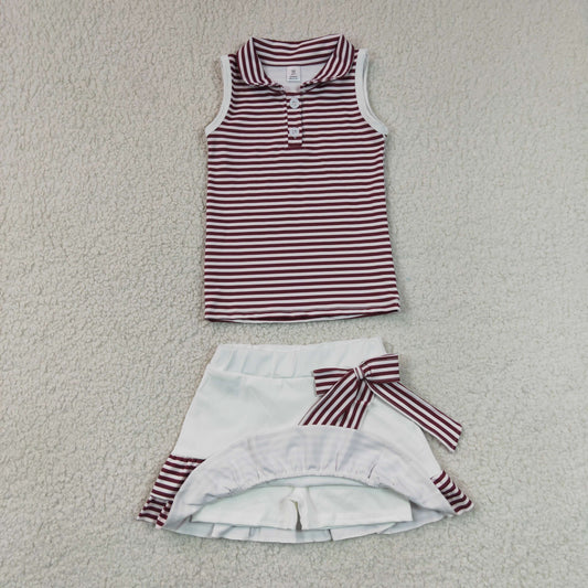 RTS NO MOQ Yoga GSD3662 Baby Girls Maroon Stripe Button Top Ruffle Skirt Shorts Yoga Active Clothes Sets