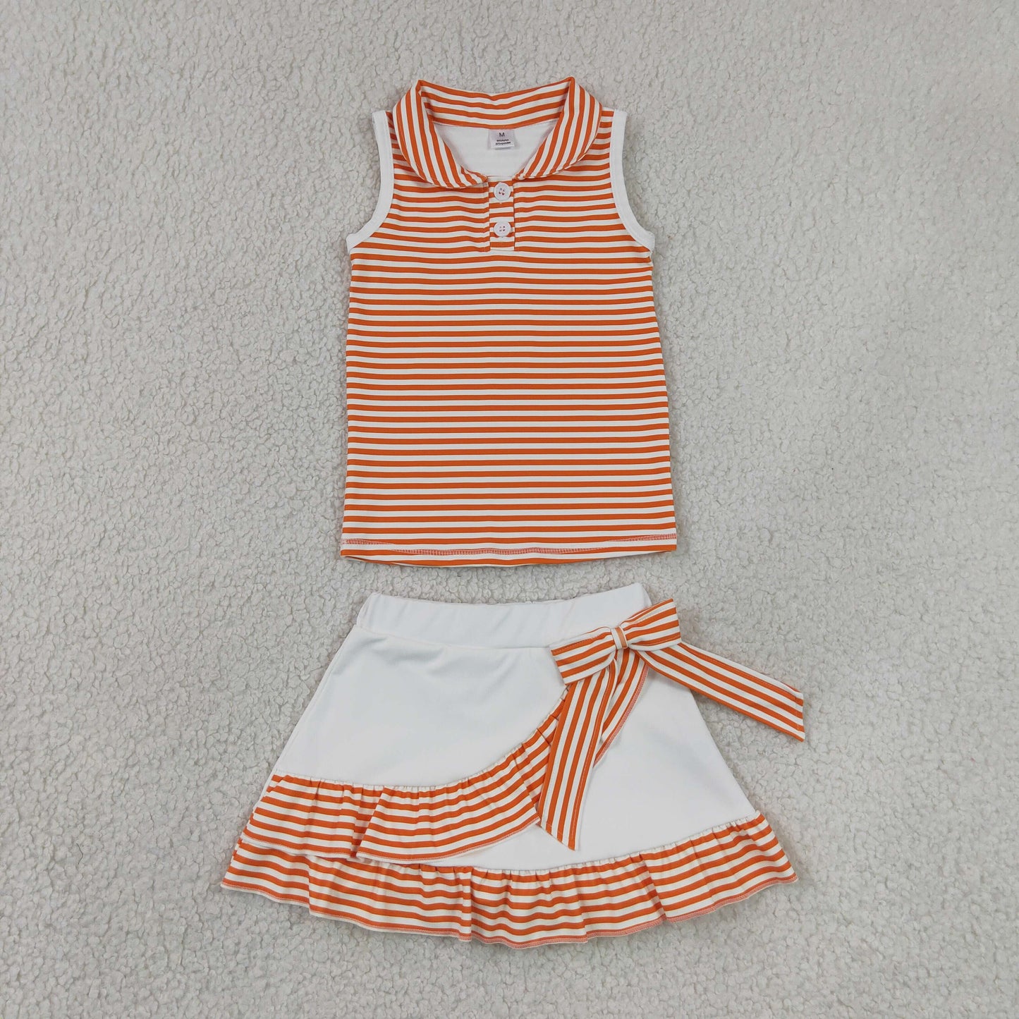 RTS NO MOQ Yoga GSD3663 Baby Girls Orange Stripe Button Vest Ruffle Skirt Shorts Yoga Active Clothes Sets