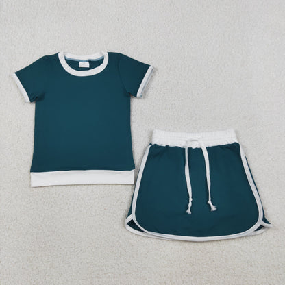 3.30 Sibling Adult Women Dark Green Short Sleeve Top Skirt Shorts Cotton Clothes Set