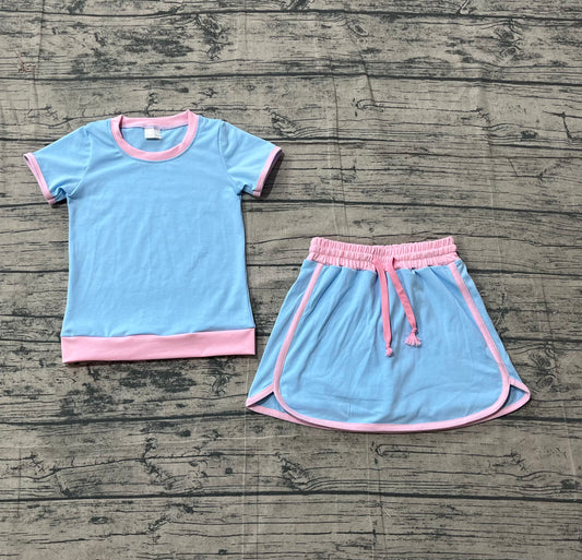 GSD3671Baby Girls Blue Short Sleeve Top Skirt Shorts Cotton Clothes Sets