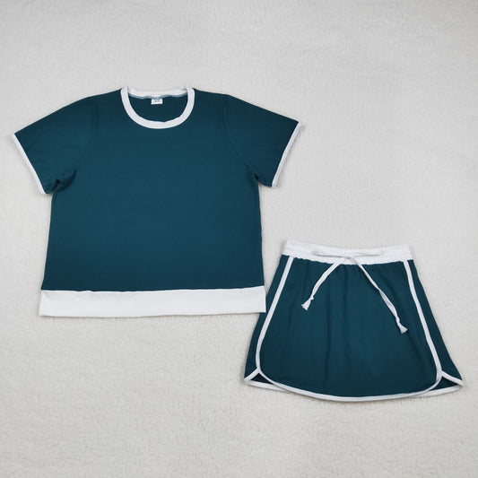 3.30 GSD3673 Adult Women Dark Green Short Sleeve Top Skirt Shorts Cotton Clothes Set