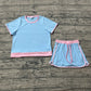 GSD3674Adult Women Blue Short Sleeve Top Skirt Shorts Cotton Clothes Set