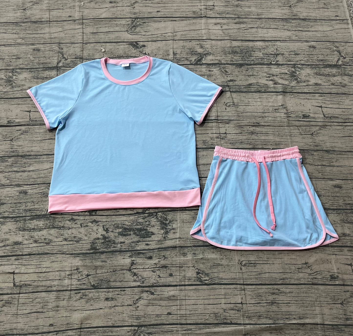 GSD3674Adult Women Blue Short Sleeve Top Skirt Shorts Cotton Clothes Set