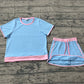 GSD3674Adult Women Blue Short Sleeve Top Skirt Shorts Cotton Clothes Set