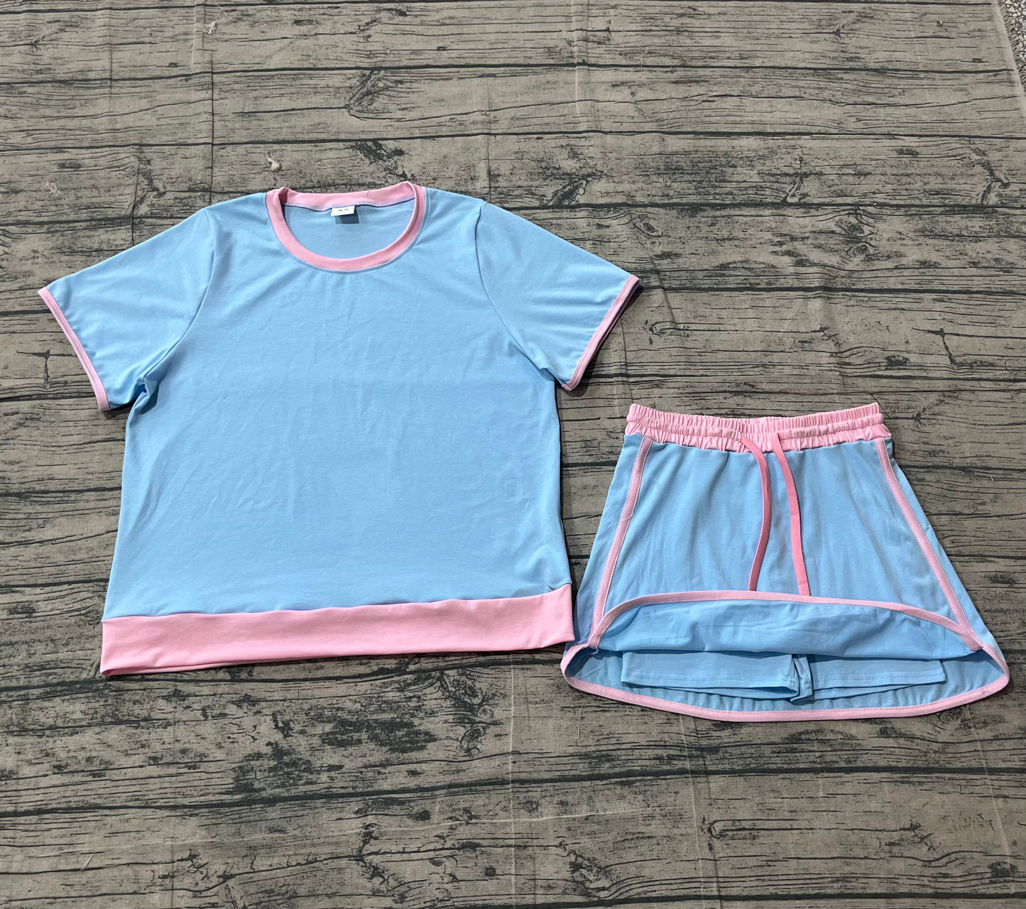 GSD3674Adult Women Blue Short Sleeve Top Skirt Shorts Cotton Clothes Set