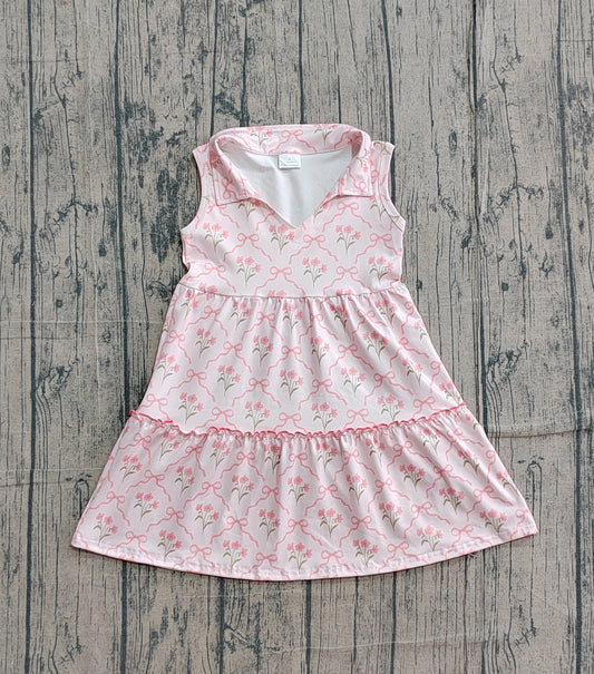 GSD3678Baby Girls Sleeveless Pink Bow Flowers Checked Patchwork Knee Length Dress