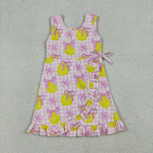 3.31 GSD3683 Baby Girls Pink Checked Bows Lemons Yoga Active Shorts Ruffle Knee Length Dress