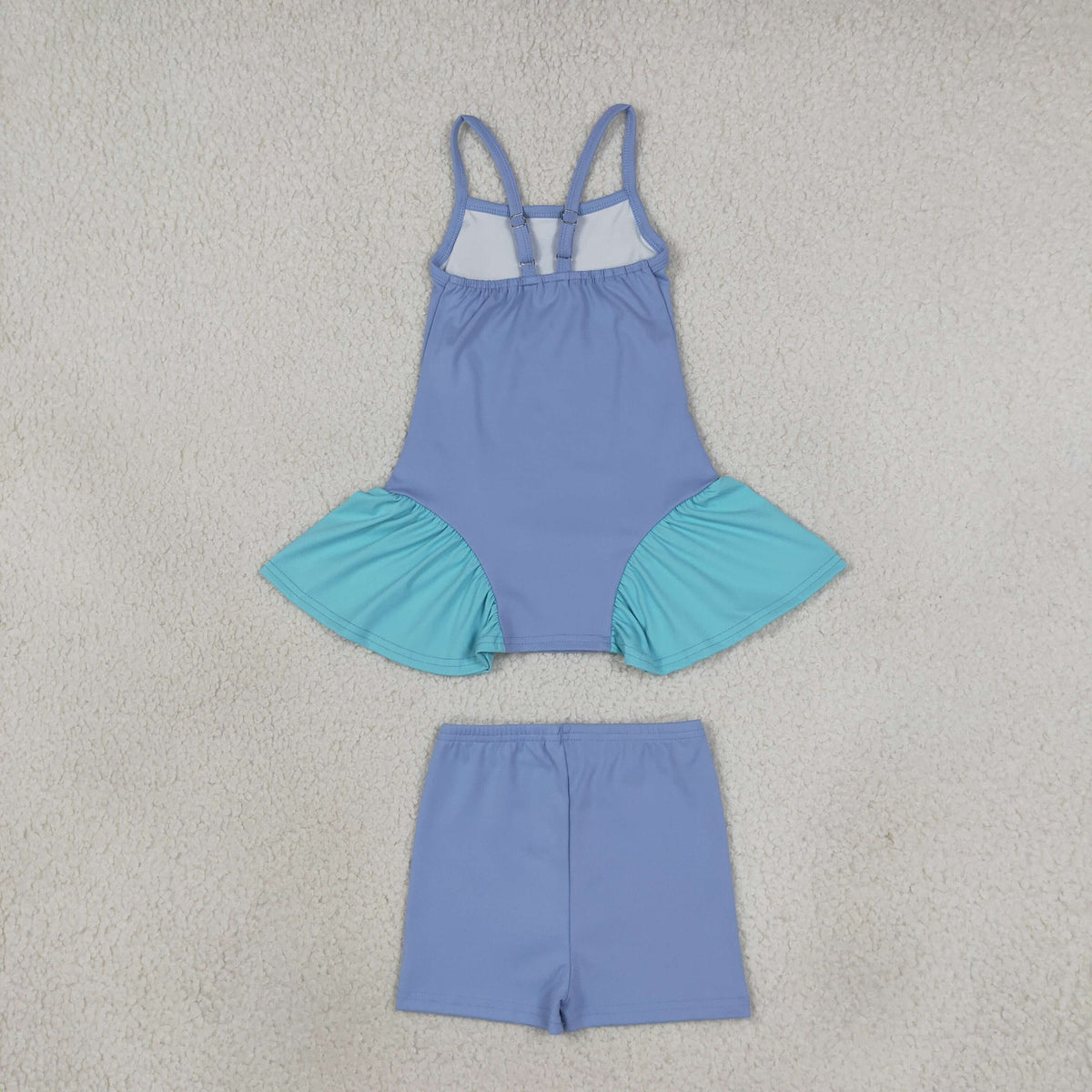 NEW RTS NO MOQ yoga fabric cotton GSSO3264（GSD3693+SS0831） Yoga Baby Girls Blue Strap Tunic Shorts Yoga Set