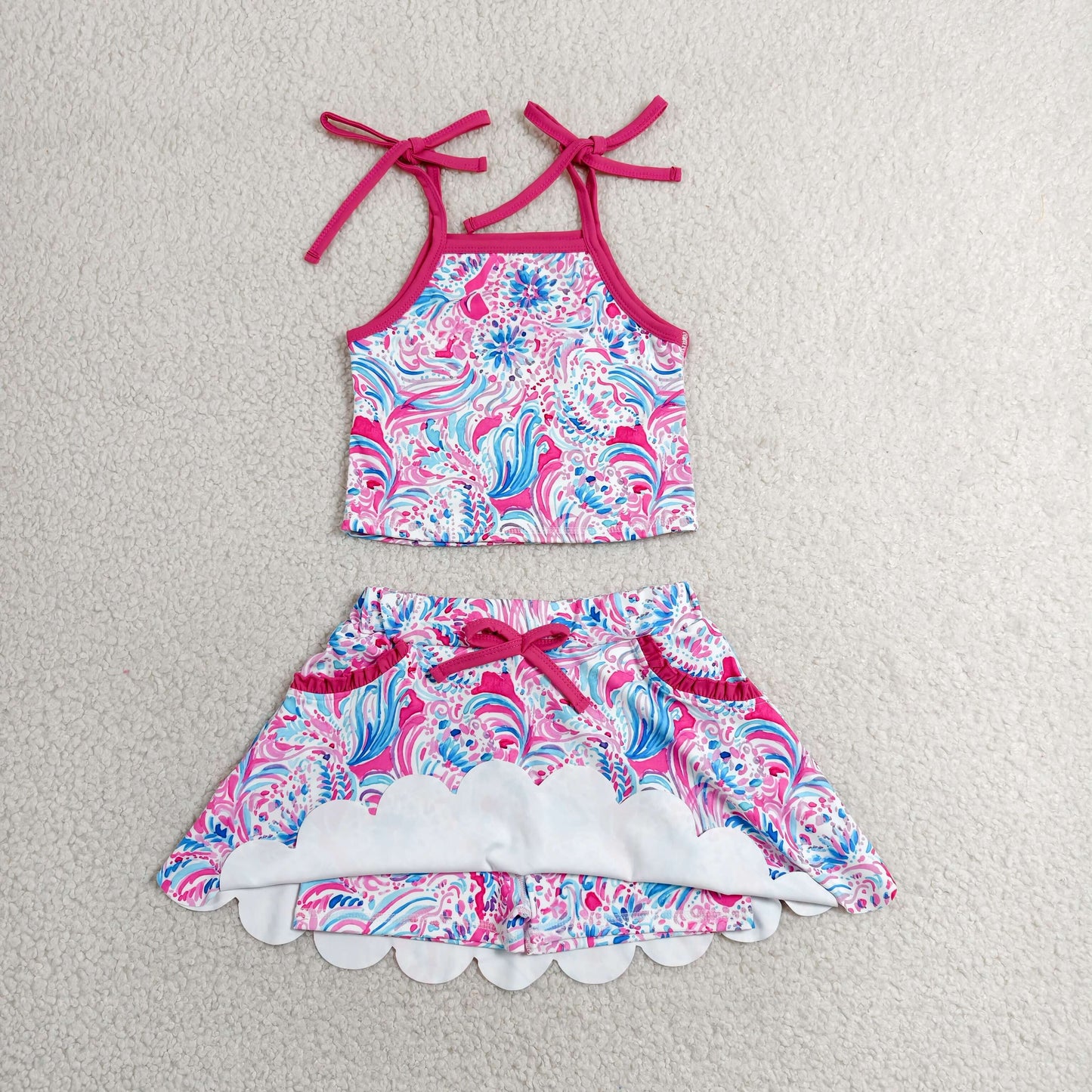GSD3728 Baby Girls Strap Sea Plants Top Pockets Scallop Skirt Short Yoga Active Clothes Set
