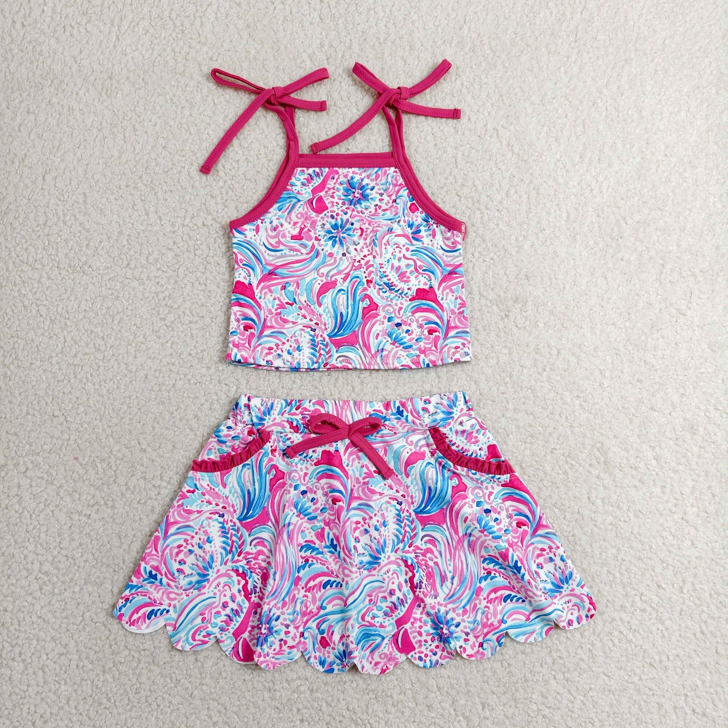 GSD3728 Baby Girls Strap Sea Plants Top Pockets Scallop Skirt Short Yoga Active Clothes Set