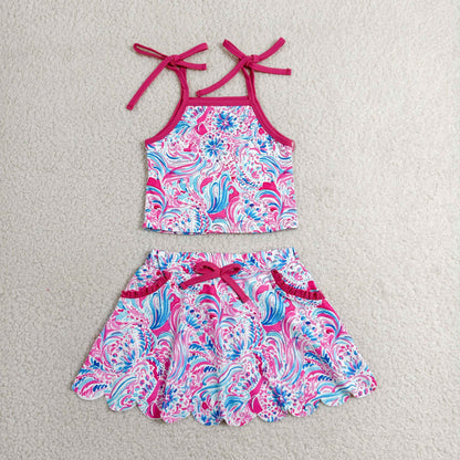 GSD3728 Baby Girls Strap Sea Plants Top Pockets Scallop Skirt Short Yoga Active Clothes Set