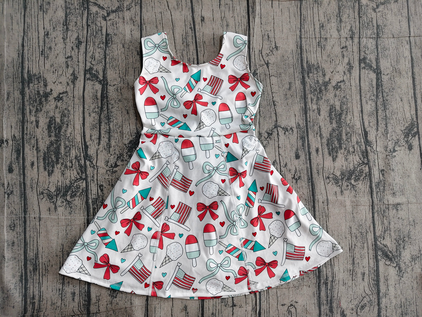 GSD3750Baby Girls Popsicle Flag Bows Yoga Active 4th of July Shorts Knee Length Dress