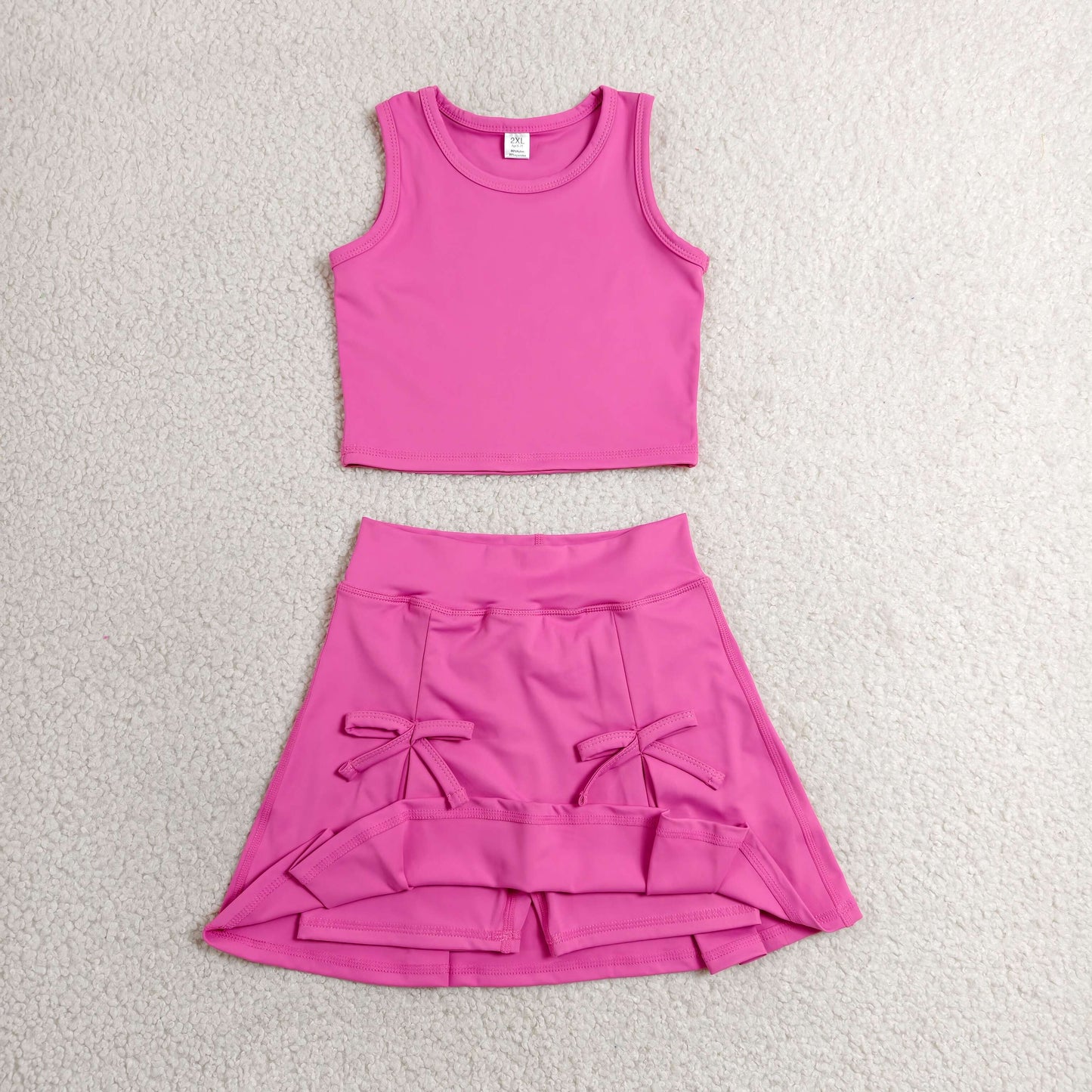 GSD3758 Baby Girls Hot Pink Vest Top Bows Skirt Shorts Yoga Active Clothes Set