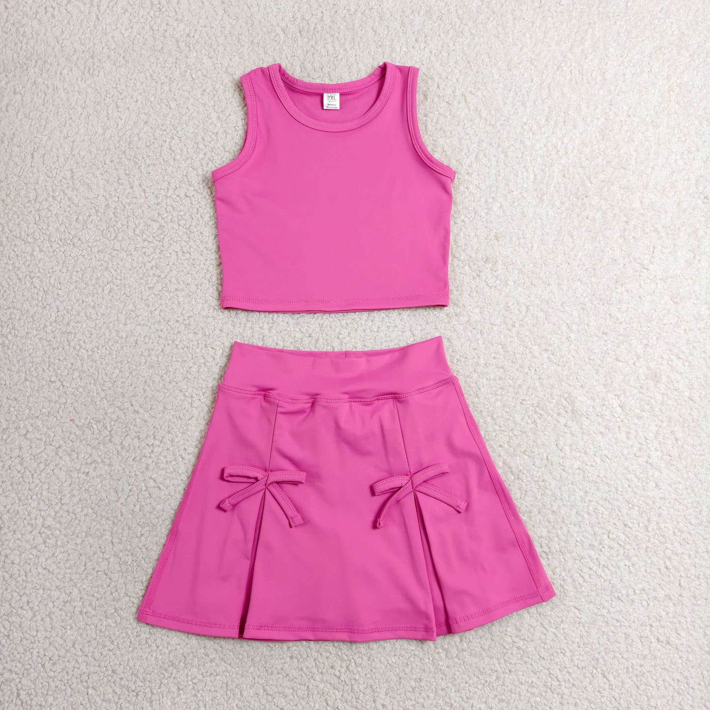 GSD3758 Baby Girls Hot Pink Vest Top Bows Skirt Shorts Yoga Active Clothes Set