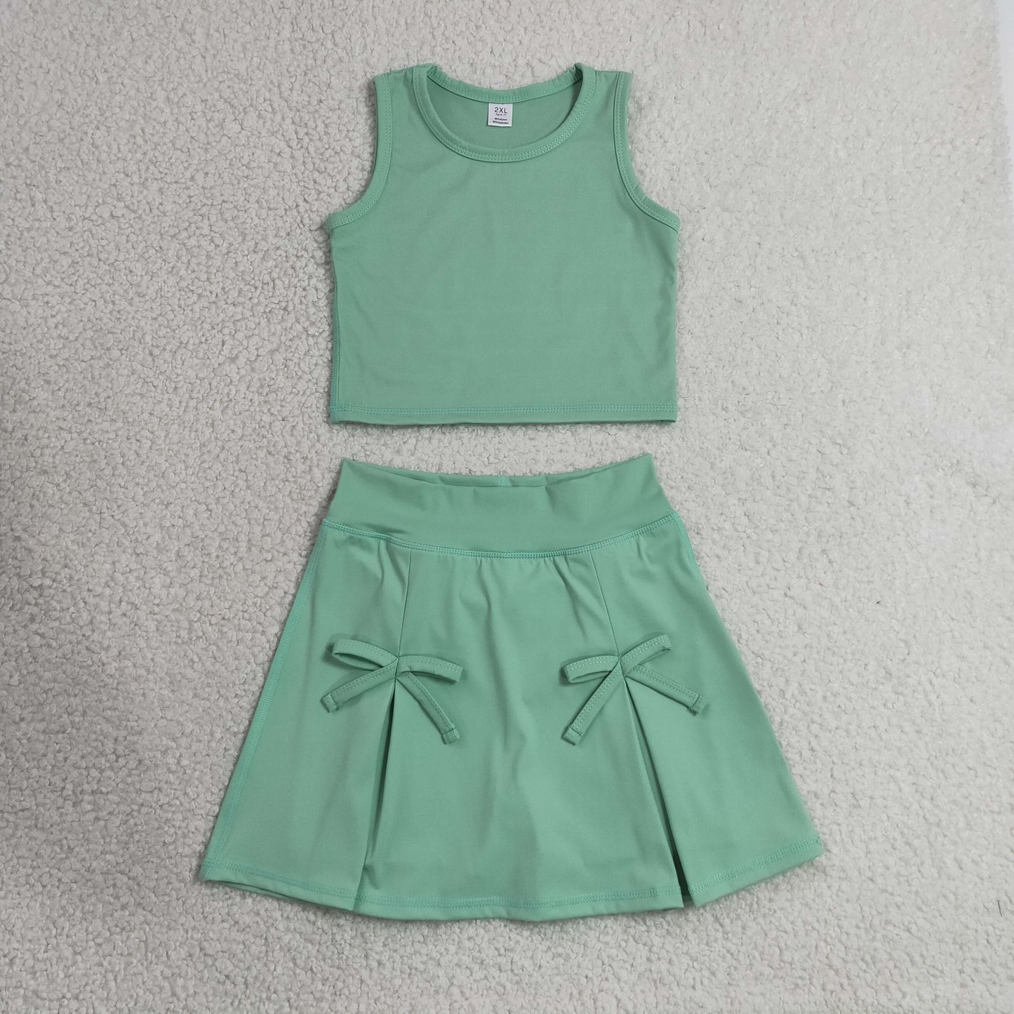 RTS NO MOQ yoga GSD3760 Baby Girls Green Vest Top Bows Skirt Shorts Yoga Active Clothes Set
