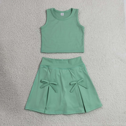 RTS NO MOQ yoga GSD3760 Baby Girls Green Vest Top Bows Skirt Shorts Yoga Active Clothes Set