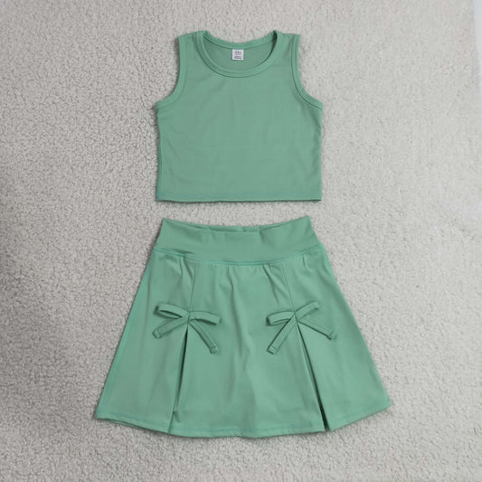 RTS NO MOQ yoga GSD3760 Baby Girls Green Vest Top Bows Skirt Shorts Yoga Active Clothes Set