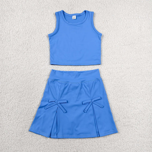 RTS NO MOQ Yoga GSD3761 Baby Girls Hot Blue Vest Top Bows Skirt Shorts Yoga Active Clothes Set