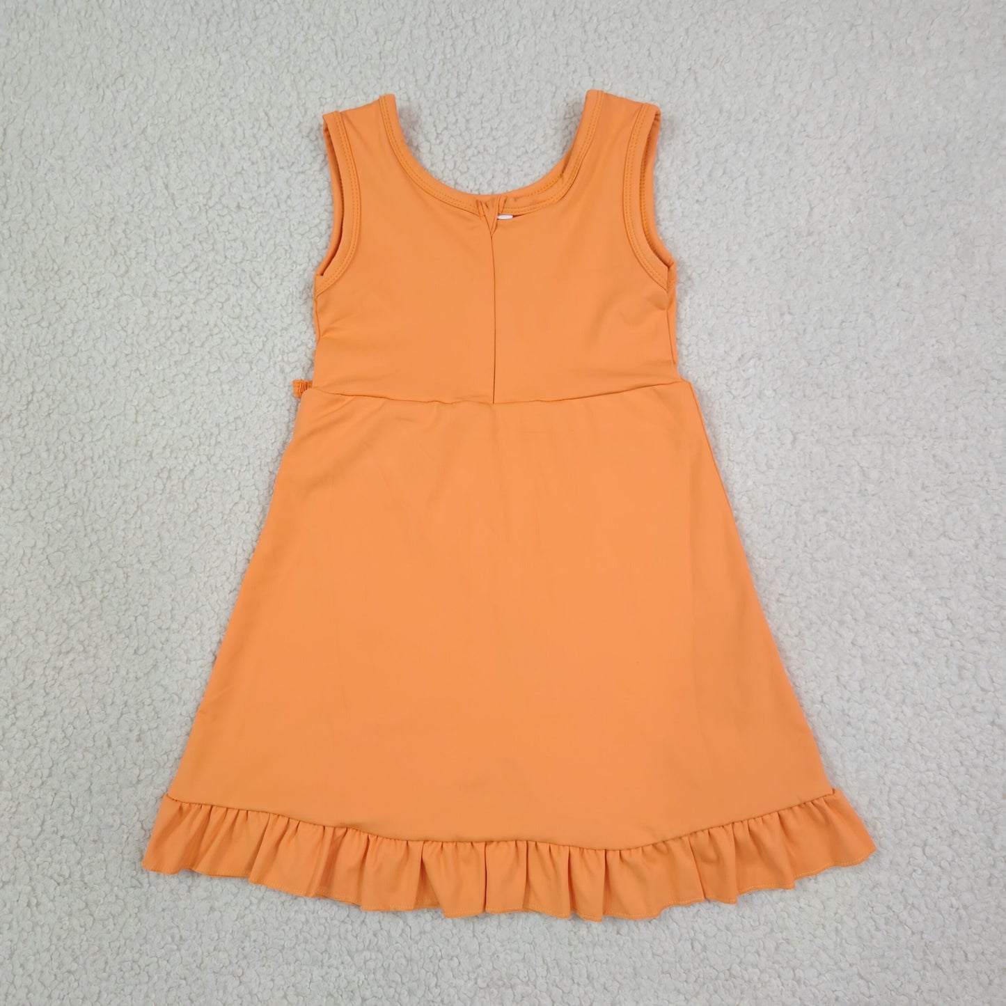 NEW RTS NO MOQ yoga fabric cotton GSD3767 Baby Girls Orange Sleeveless Scallop Trim Yoga Knee Length Dress