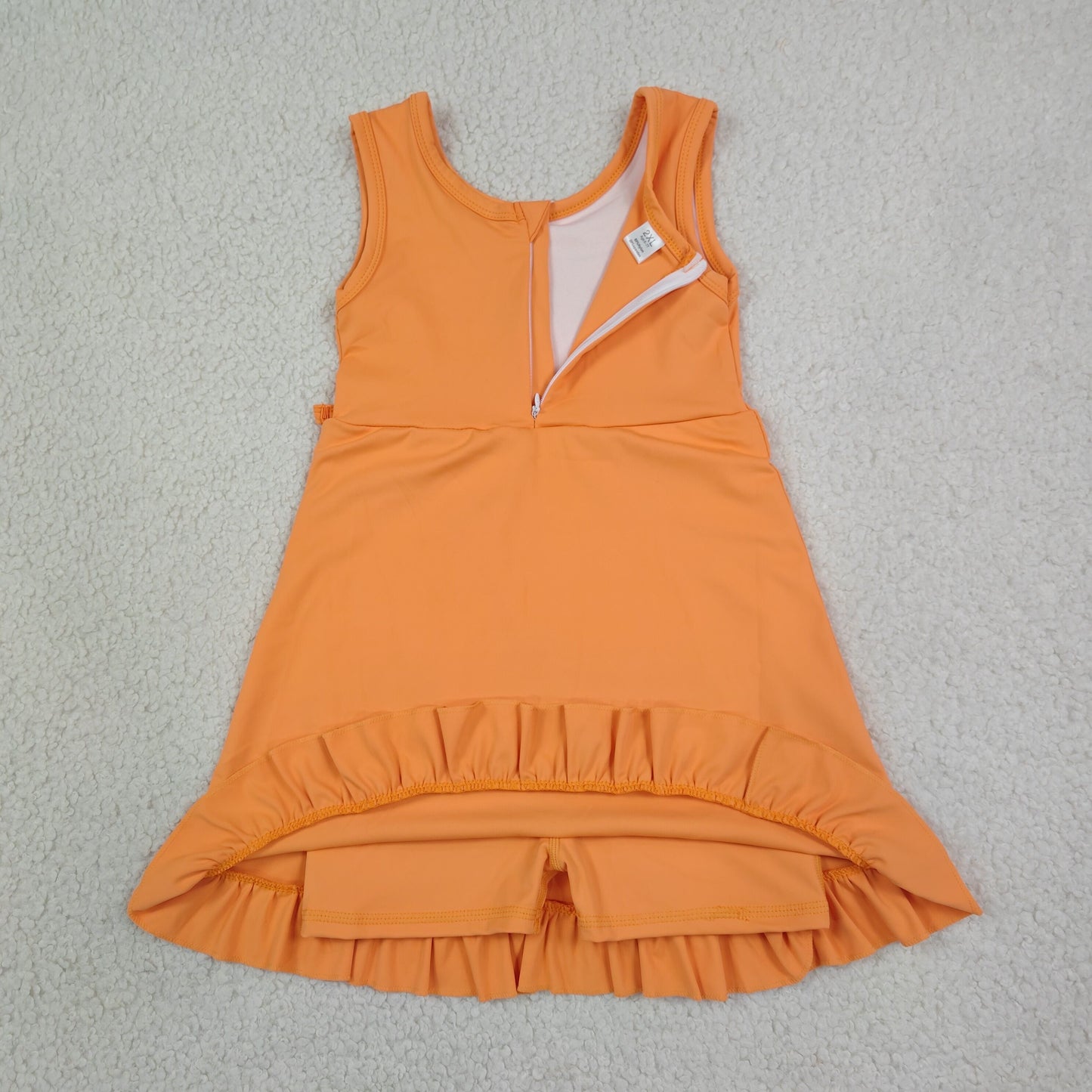 NEW RTS NO MOQ yoga fabric cotton GSD3767 Baby Girls Orange Sleeveless Scallop Trim Yoga Knee Length Dress