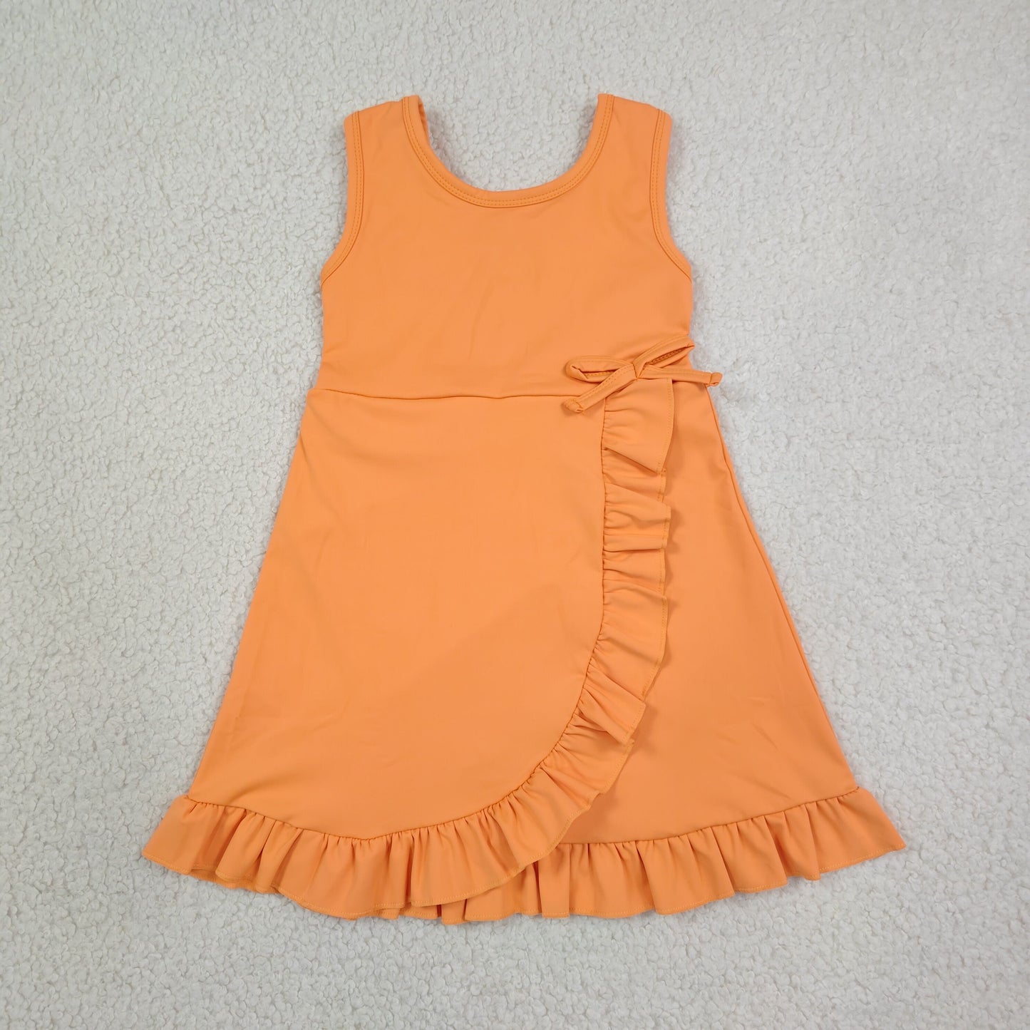 NEW RTS NO MOQ yoga fabric cotton GSD3767 Baby Girls Orange Sleeveless Scallop Trim Yoga Knee Length Dress