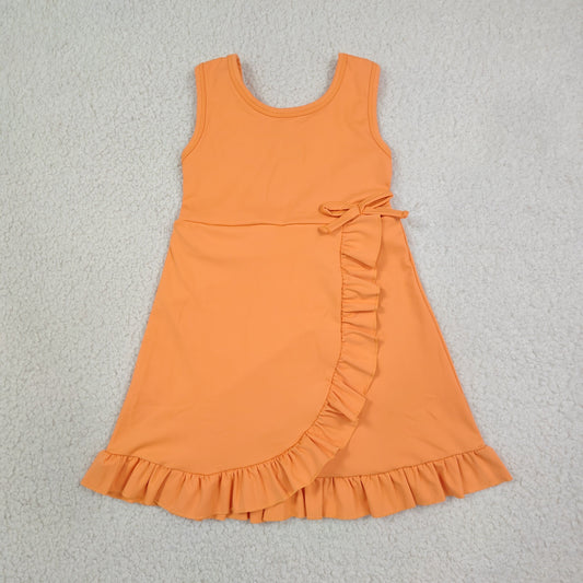 NEW RTS NO MOQ yoga fabric cotton GSD3767 Baby Girls Orange Sleeveless Scallop Trim Yoga Knee Length Dress