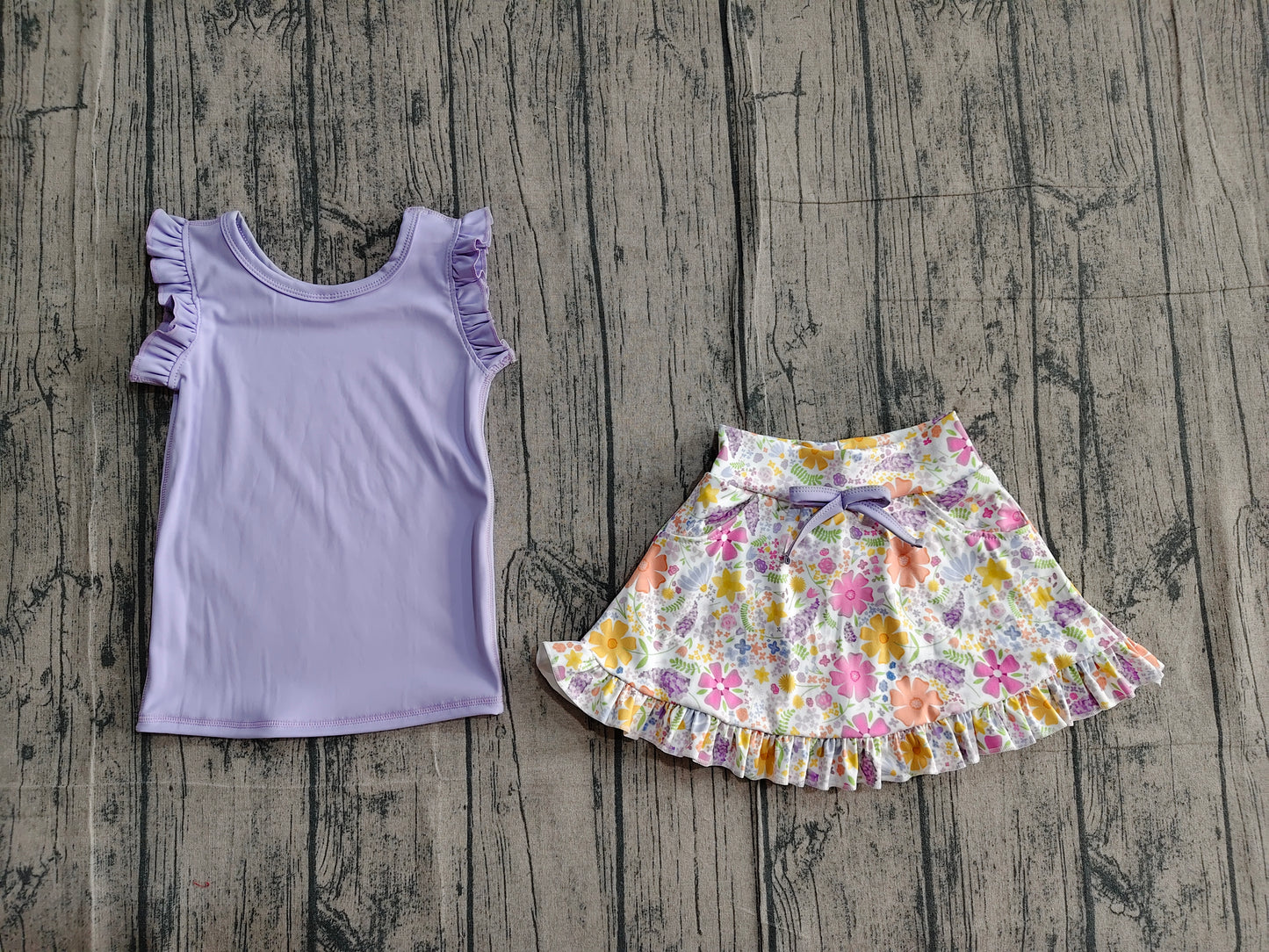 GSD3771Baby Girls Purple Vest Colorful Floral Pockets Scallop Skirt Short Yoga Active Clothes Set Preorder