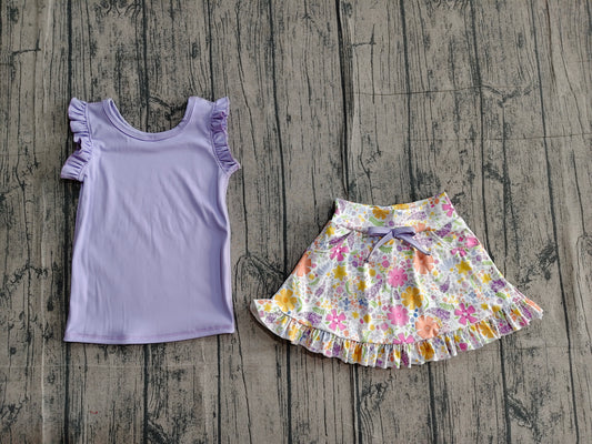 GSD3771Baby Girls Purple Vest Colorful Floral Pockets Scallop Skirt Short Yoga Active Clothes Set Preorder