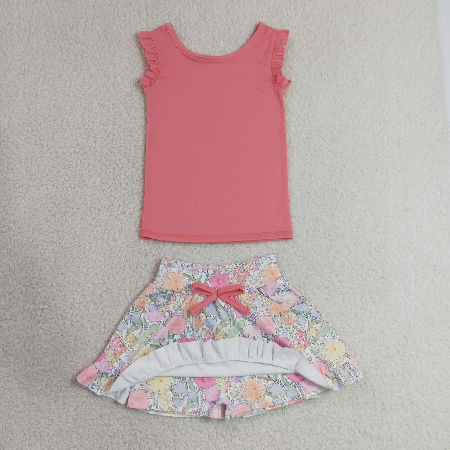 RTS NO MOQ yoga GSD3772 Baby Girls Peach Vest Colorful Floral Pockets Skirt Short Yoga Active Clothes Set