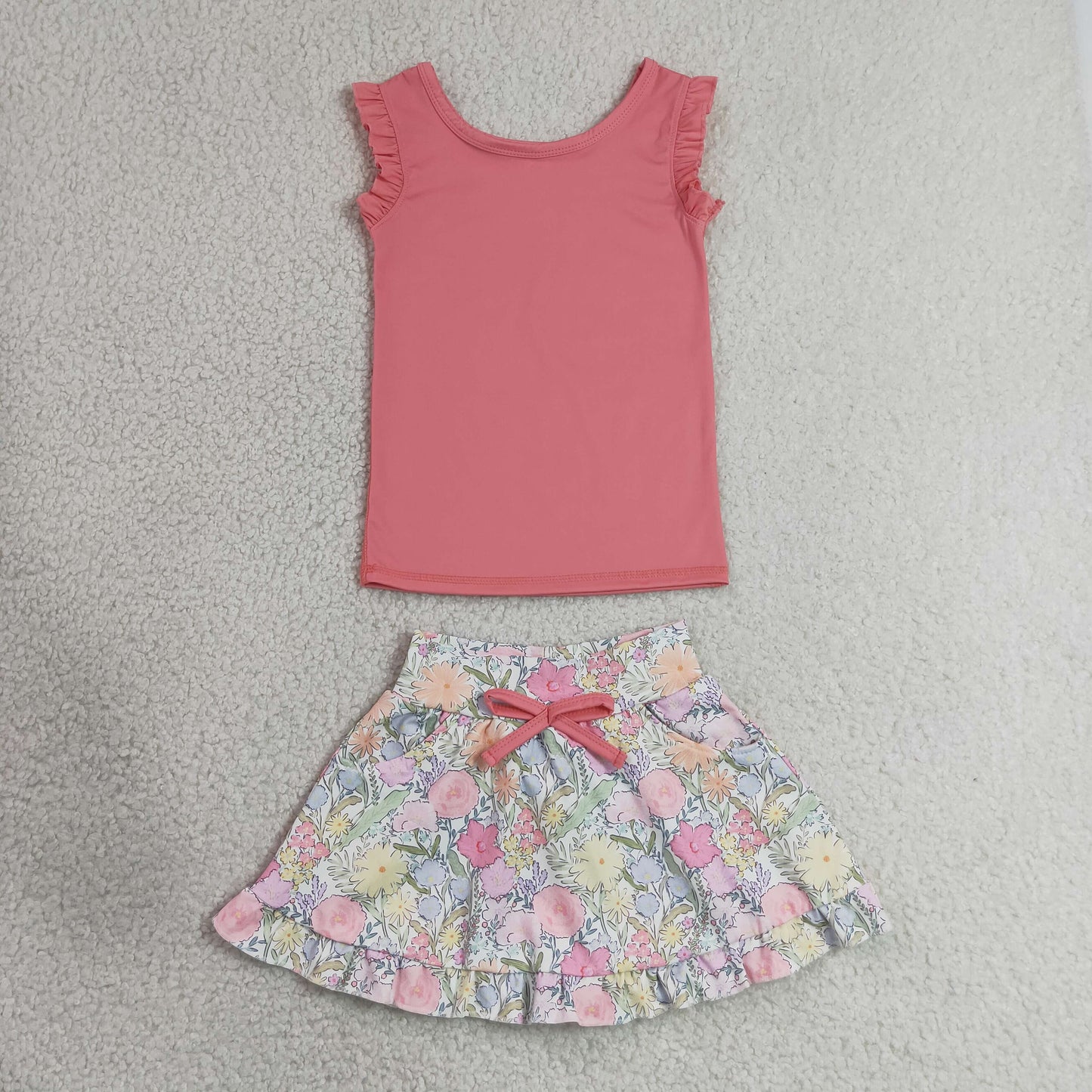 RTS NO MOQ yoga GSD3772 Baby Girls Peach Vest Colorful Floral Pockets Skirt Short Yoga Active Clothes Set