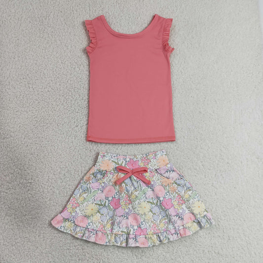 RTS NO MOQ yoga GSD3772 Baby Girls Peach Vest Colorful Floral Pockets Skirt Short Yoga Active Clothes Set