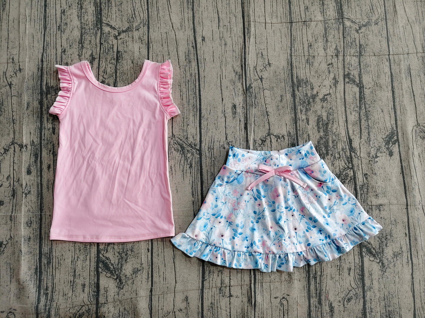 GSD3773Baby Girls Pink Vest Colorful Floral Pockets Scallop Skirt Short Yoga Active Clothes Set Preorder