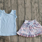 GSD3775Baby Girls Blue Vest Colorful Floral Pockets Scallop Skirt Short Yoga Active Clothes Set Preorder