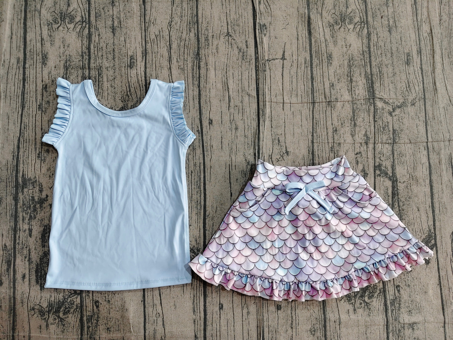 GSD3775Baby Girls Blue Vest Colorful Floral Pockets Scallop Skirt Short Yoga Active Clothes Set Preorder