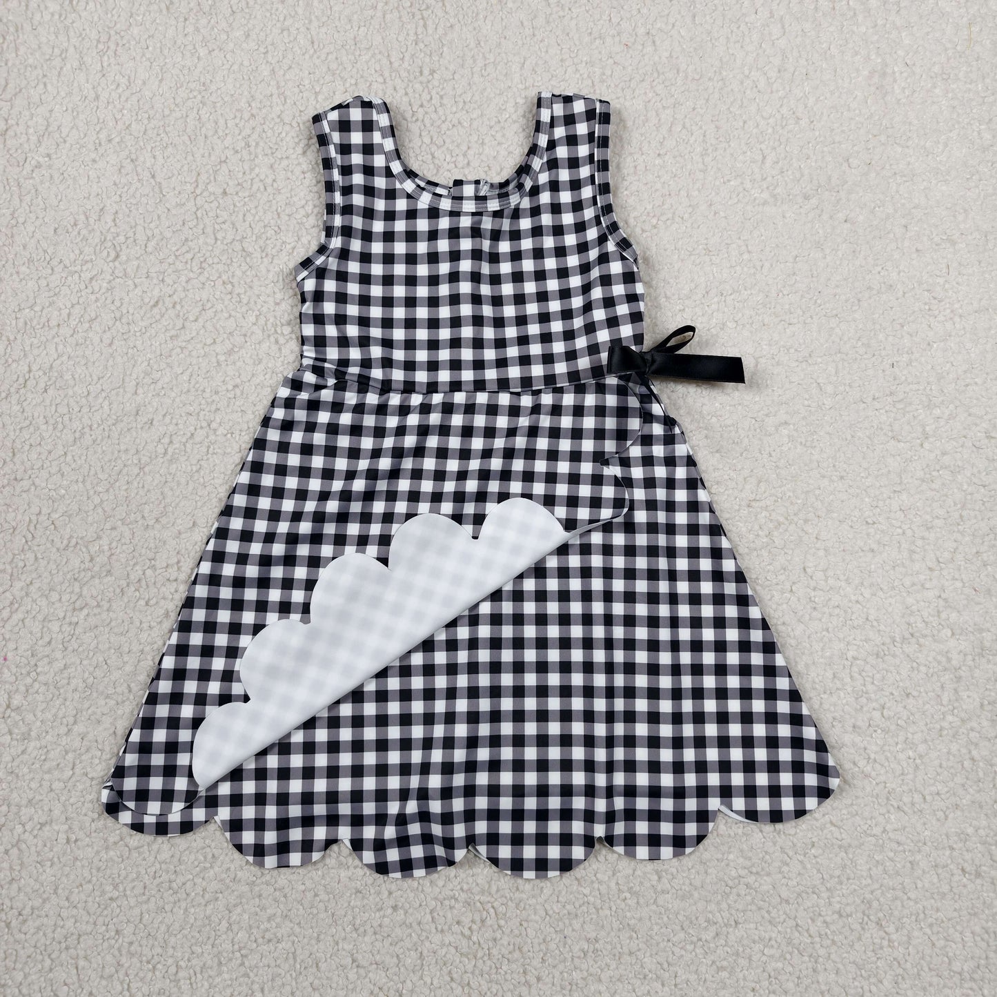 Baby Girls Black Checked Sleeveless Yoga Active Shorts Scallop Knee Length Dresses