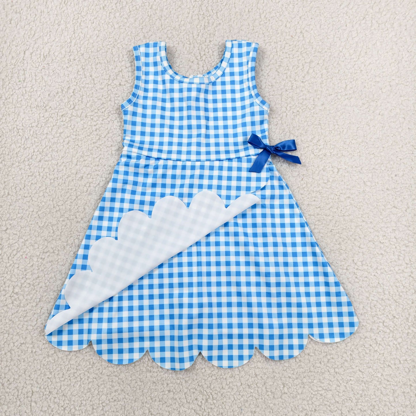 Baby Girls Blue Checked Sleeveless Yoga Active Shorts Scallop Knee Length Dresses