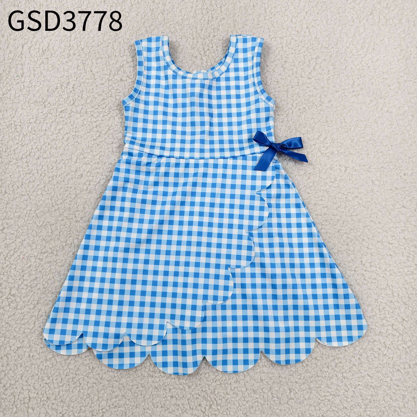Baby Girls Blue Checked Sleeveless Yoga Active Shorts Scallop Knee Length Dresses