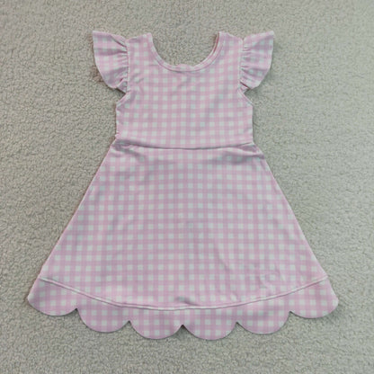 RTS NO MOQ Yoga GSD3796 Baby Girls Pink Checked Yoga Active Short Scallop Knee Length Dresses