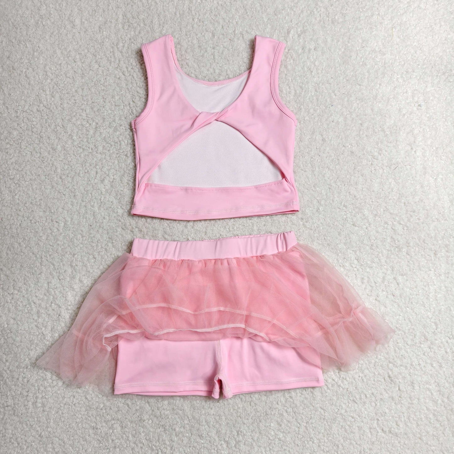 RTS NO MOQ Yoga GSD3806 Baby Girls Pink Sleeveless Vests Tassel Skirt Short Yoga Active Clothes Set
