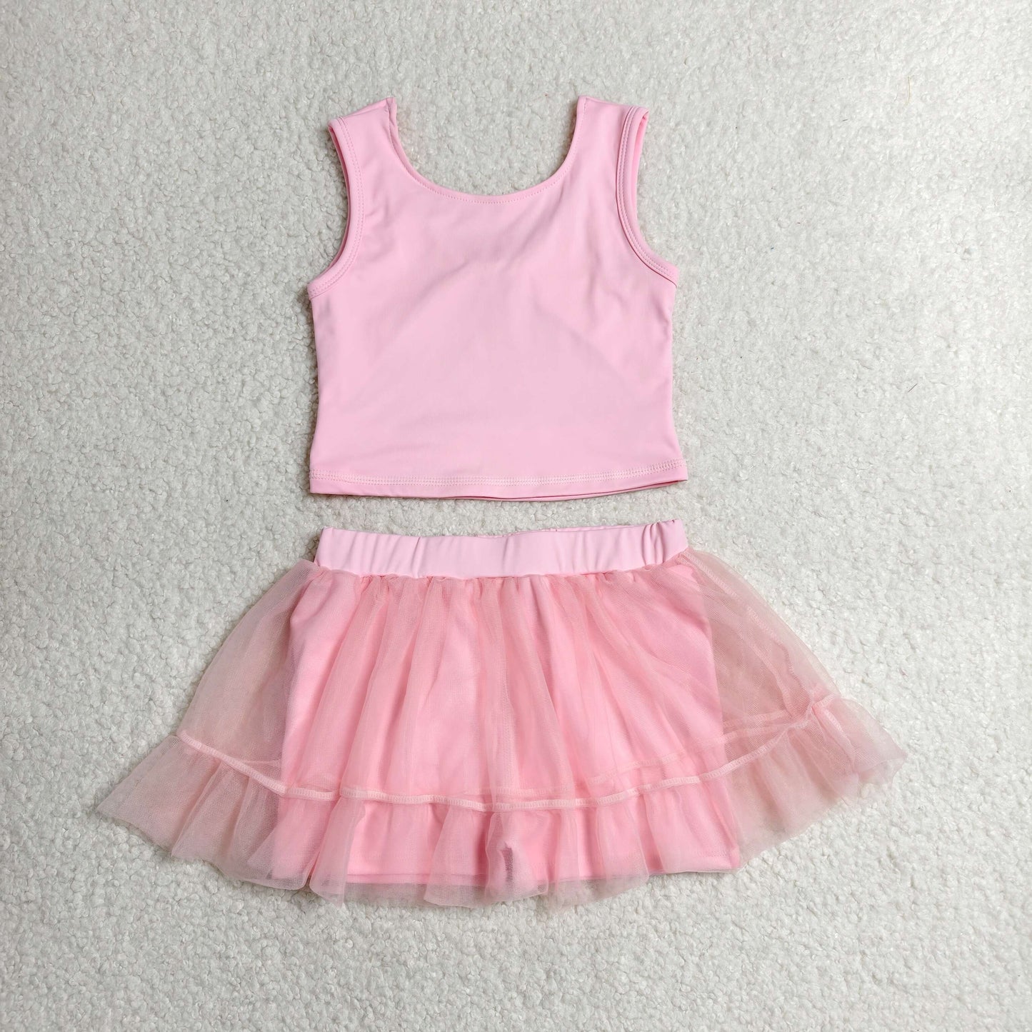 RTS NO MOQ Yoga GSD3806 Baby Girls Pink Sleeveless Vests Tassel Skirt Short Yoga Active Clothes Set