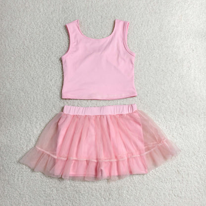 RTS NO MOQ Yoga GSD3806 Baby Girls Pink Sleeveless Vests Tassel Skirt Short Yoga Active Clothes Set