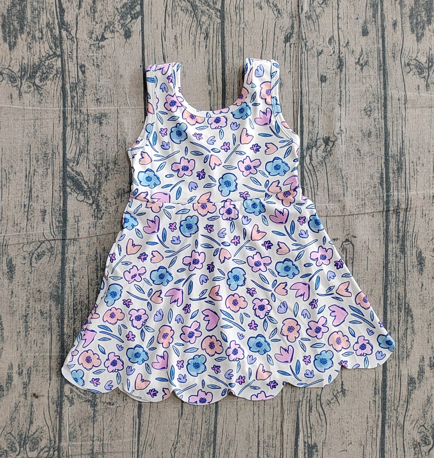 GSD3808Baby Girls Colorful Flower Bows Top Yoga Active Scallop Short Knee Length Dress Preorder