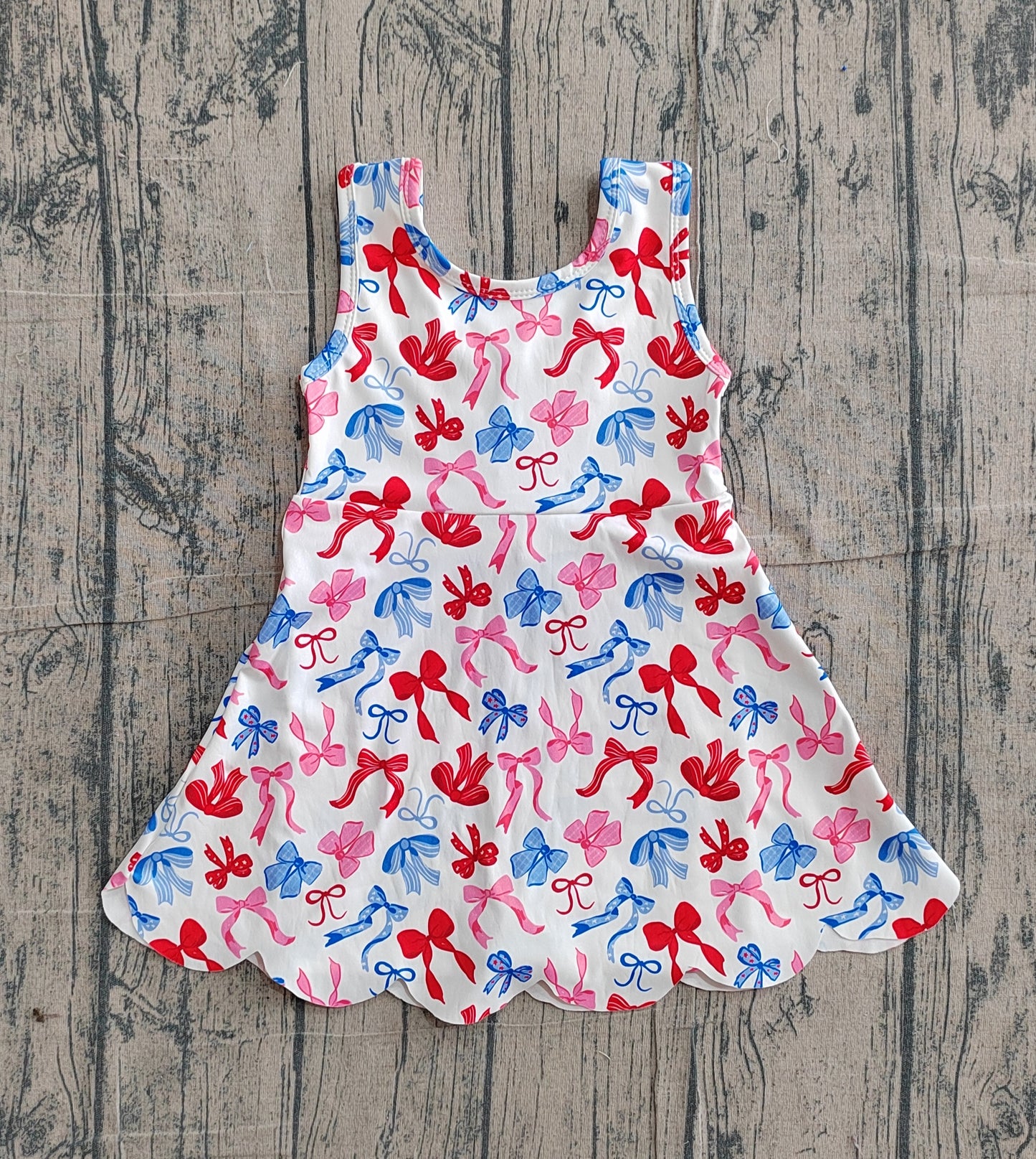 GSD3809Baby Girls 4th of July Bows Top Yoga Active Scallop Short Knee Length Dress Preorder