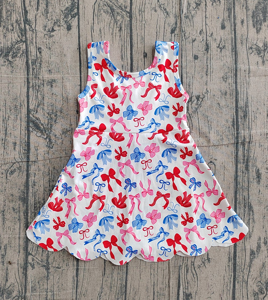 GSD3809Baby Girls 4th of July Bows Top Yoga Active Scallop Short Knee Length Dress Preorder
