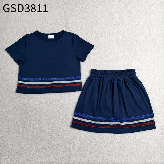 RTS NO MOQ milk silk GSD3811 Baby Girls Navy Short Sleeve Stripe Top Skirt Shorts Slouchy Clothes Sets