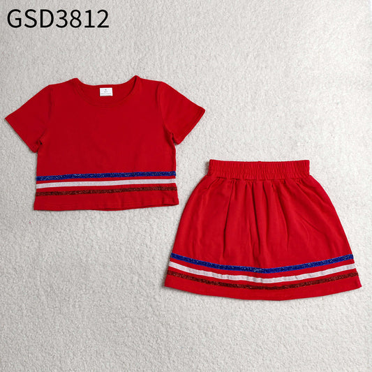 RTS NO MOQ milk silk GSD3812 Baby Girls Red Short Sleeve Stripe Top Skirt Shorts Slouchy Clothes Sets
