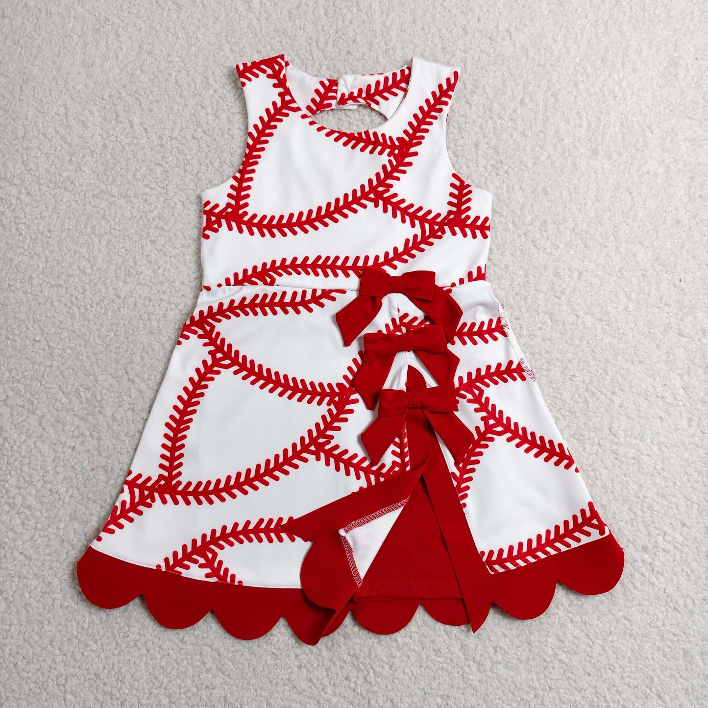 RTS NO MOQ Yoga GSD3833 Baby Girls Baseball Bows Team Yoga Active Short Scallop Knee Length Dress